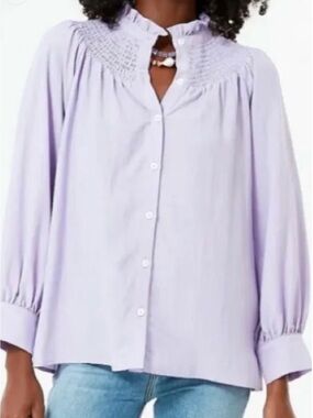 Pomander Place Lavender Emory Smocked-Yoke Button-Down Blouse